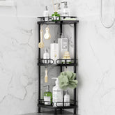 SWTYMIKI front view corner shower caddy showing tidy storage benefit