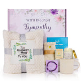Synhonty front view of assembled sympathy basket showing all items for comforting support