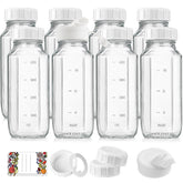 Syntic front view of 8 glass bottles showing compact, reusable storage benefit
