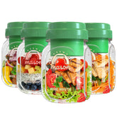 Syntic front view of four 32oz glass jars showing neat storage benefits