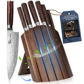 SYOKAMI front view of full knife set with foldable acacia block showing compact storage benefit