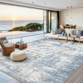 Syrlfar front view of 8x10 blue abstract rug showing modern pattern and immediate visual impact