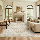 Syrlfar front view of 8x10 rug showing vintage wash and room anchoring benefit