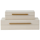 SYYSY beige shagreen front view showing elegant storage and surface appeal