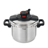 T-Fal Clipso front view showing stainless steel finish and quick cooking benefit