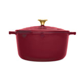 T-fal front view showing red enameled Dutch oven and sturdy handles for serving