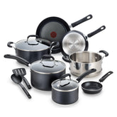 T-Fal front view of complete 12-piece set showing included pots and pans for versatile cooking