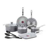 T-Fal front view of full cookware set showing pieces and grey finish, easy organization benefit