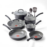 T-Fal front packaging showing the full 12-piece set and included utensils for convenience