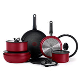 T-fal front view of cherry red Ingenio set showing cookware and lids, highlighting space-saving