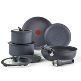 T-fal Ingenio front view of full 11-piece set showing compact benefits