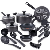T-Fal front view of stone grey 18-piece set showing complete contents and neat storage benefit