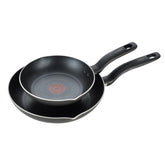 T-Fal front view of both pans showing sleek black finish and sizes for versatile cooking