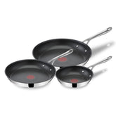 T-Fal Jamie Oliver front view of three frypans showing sizes and polished finish for versatile cooking