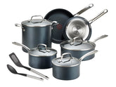 T-fal front packaging showing slate cookware set and included pieces for easy selection