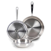 T-fal front view of the 3-piece set showing polished finish and sizes for versatile cooking