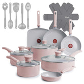 T-Fal dusty rose front view showing full 20-piece set benefit of complete cookware