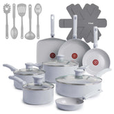 T-Fal front view of blue 20-piece set showing coordinated pans and lids, vibrant kitchen style