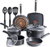T-Fal front view of full 12-piece set showing included pans and tools for versatile cooking