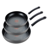 T-Fal front view of entire 3-piece fry pan set showing sleek onyx finish and versatility