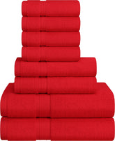 T & L Towel and Linen Mart front packaging showing full burgundy 8-piece set benefit of complete matching set