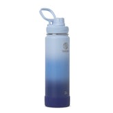 Takeya bottle front view showing ombre Pacific Blue and durable finish benefit