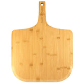 TastiFun Cube front view of bamboo pizza peel showing smooth surface and benefit of easy launch