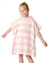 TBEZY front view of hooded poncho showing full coverage and striped pink design