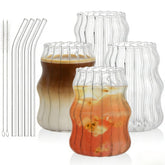 Tebery front view of four ribbed glasses with straws, durable everyday drinkware