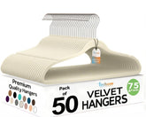 TechZoo front-packaging showing 50-pack ivory hangers for uniform closet storage