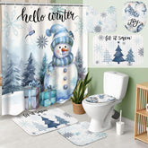Teenyyou front view shower curtain showing blue winter design and holiday charm