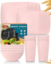 Teivio front view of pink square dinnerware set showing complete pieces and easy matching benefit