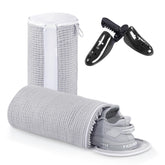 Teletrogy front view of gray shoe laundry bag showing kit and benefits