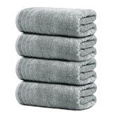 Tens Towels front view of four cool grey towels showing neat packaging and value