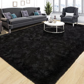Tepook front view showing full 5x8 black rug and room benefit