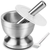 Tera front view mortar and pestle showing compact durable stainless design and easy handling benefit