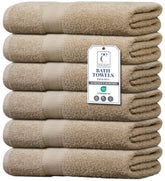 TEXCRAFT beige six-towel set front view showing compact storage benefit