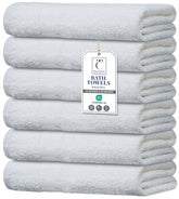 TEXCRAFT front view of six white towels showing neat stack and clean look
