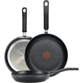 T-Fal front view of the three fry pans showing sizes and packaging, helpful for buying