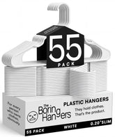 The Boring Hangers front pack of 55 white hangers showing value and uniformity