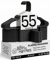 The Boring Hangers front pack showing 55 black hangers for a uniform closet