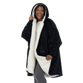THE COMFY front view with hood up showing full coverage and cozy warmth