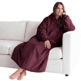 THE COMFY front view with hood up showing roomy fit and hands-free warmth