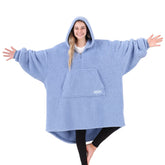 THE COMFY front view with hood up showing full coverage and cozy warmth