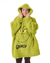 The Grinch front view hoodie blanket showing oversized fit and holiday design benefit warmth