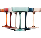 The Wine Savant front view of six colored coupe glasses showing elegant decor benefit