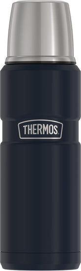 THERMOS Stainless King front view showing compact 16oz bottle and midnight blue finish benefits portability