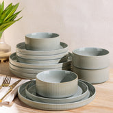 theterra front view plate and bowl set showing complete 12-piece arrangement and elegant look