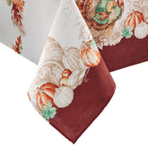 Threadmade front view of full tablecloth showing turkey border and clean white center, perfect focal point