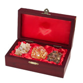 THREE KINGS GIFTS woodgrain box front view showing velvet interior and latch, elegant display